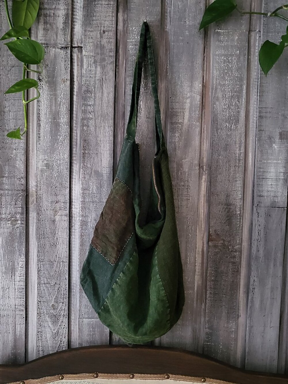 Reversible High Quality Cotton Linen Green Patchwork Hobo Bag NWOT